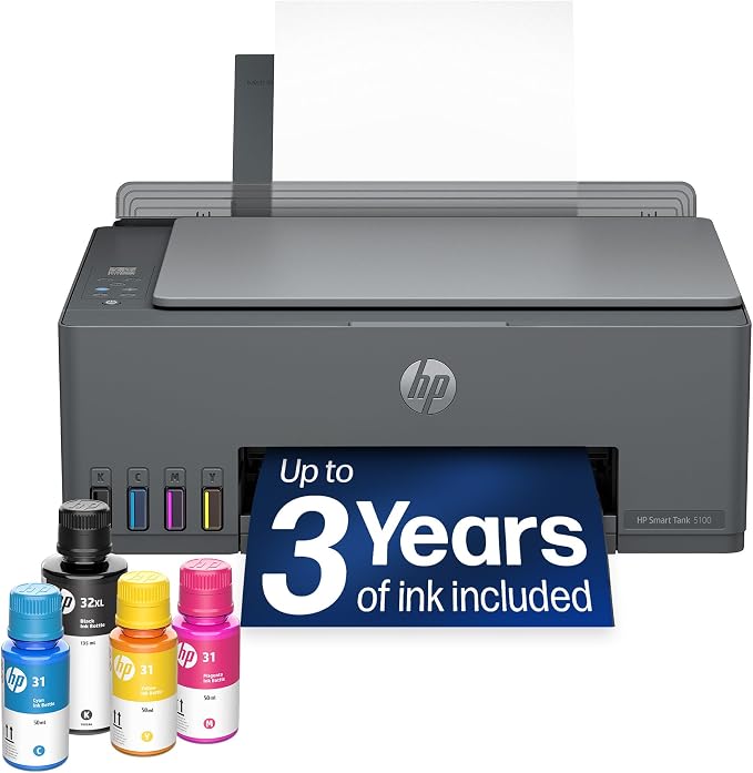 HP Smart Tank 5100 Wireless All-in-One Refillable Printer, Scanner, Copier with up to 3 Years of Ink Included, Best-for-Home, Cartridge-Free, AI-Capable (D06BLA)