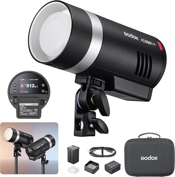 Godox AD300 PRO II Outdoor Flash Strobe Light - Upgraded Heads (AD-S2 & Bare Bulb), 200Ws Bi-Color Model Lamp, 2.4G TTL & HSS,One-Tap Pairing Compatible with Canon, Nikon, Sony, Fujifilm, Olympus