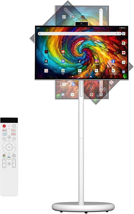 27" Portable Smart Touchscreen Tablet TV on Wheels, Android 15 OS Mobile Smart Display with Google EDLA Certification, 6GB+128GB, Built-in Battery, 4K Camera, Wireless Casting, Rotating Rolling Stand