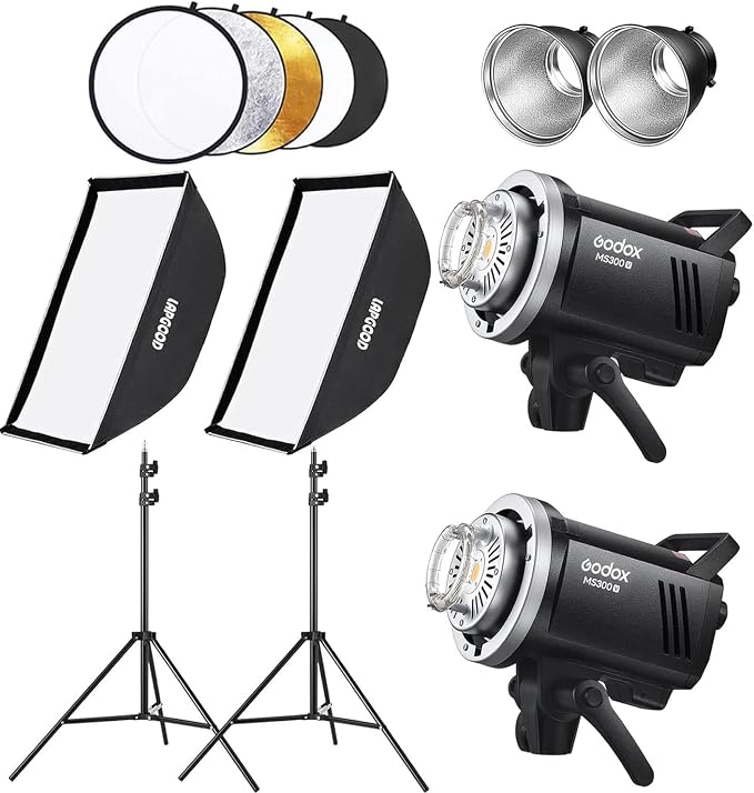 Godox MS300V Studio Flash kit with 2 Softbox, 2 Light Stands, 2 Reflectors | Buil-in LED Modeling Lamps, 2.4G Wireless X System, Bowens Mount – Ideal Lighting for Studio, Portrait & Fashion Photography
