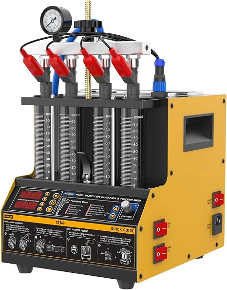 Fuel Injector Cleaner Tester, 4 Cylinder & 2L Ultrasonic Injector Cleaner and Tester Machine with Cleaning Fluid Heating, 5 Adapters, 9 Testing Functions for Automotive & Motorcycle, 110V/220V, CT160