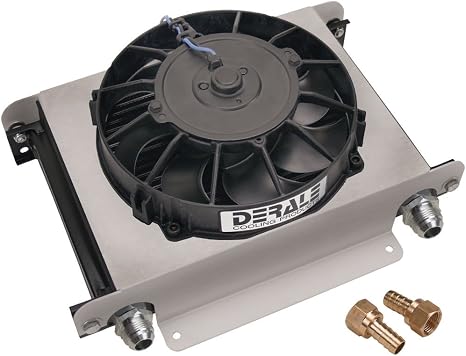 Derale 15865 Fluid Cooler and Fan, 13 x 10 x 5.625 in, Plate Type, 10 AN Female O-Ring Inlet/Outlet, 10 AN Male Adapters, Fittings, Aluminum, Black Powder Coat, Universal, Kit