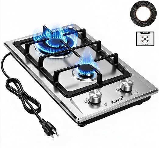 Ranein 12 Inch 2 Burner Gas Cooktop, NG/LPG, 304 Stainless Steel
