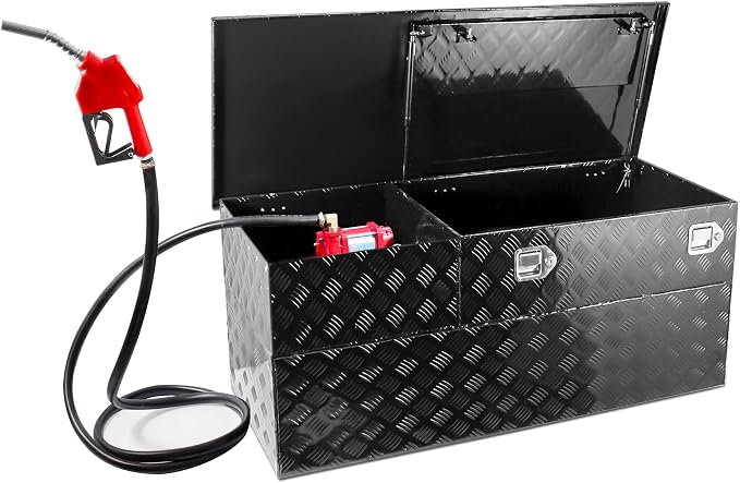51 Gallon Aluminum Fuel Transfer Tank Toolbox Combo with 12 GPM 12V DC Pump, Truck Bed Gas Tank for Gasoline Diesel Kerosene, 13Ft Hose, Auto Nozzle, Black