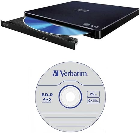 LG 6X WP50NB40 External Portable Blu-ray Burner in Retail Box Bundle with 25GB Verbatim M-Disc BD-R and Cyberlink Burning Software