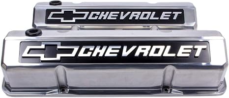 ProForm Valve Cover, Slant-Edge, Tall, Baffled, Breather Hole, Raised Chevrolet Bowtie Logo, Aluminum, Polished, Small Block Chevy, Pair (141-920)