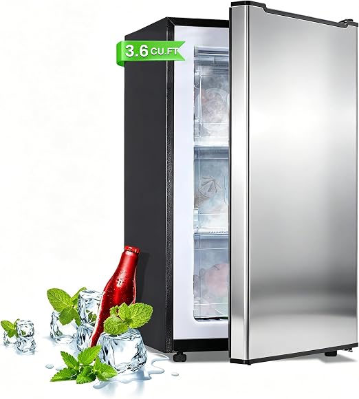 3.6 Cu. Ft. Small Upright Freezer, Compact Mini Freezer Glossy Silver