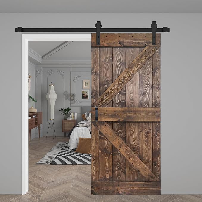 K Series 36in x 84in Dark Walnut Finished Solid Wood Barn Door with Hardware Track - Assembly Needed