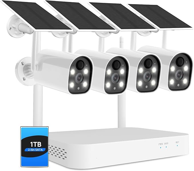 Hiseeu Solar Wireless Security Camera Outdoor, 4 Cam-Kit, 1T HDD | 10-Channel 2K NVR, 4MP Battery Cameras, Human Detection, Color Night Vision, 2-Way Audio