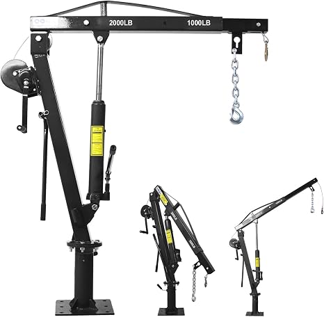 2000 lb Pickup Truck Davit Crane with Hand Winch, 360° Swivel Boom, Black