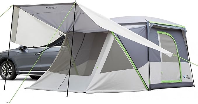 JOYTUTUS SUV Tent with 2 Rooms, Rainfly & Awning for Family Camping, 60% More Space Car Tent for 5-9 Person, Dual-Use for SUV or Ground Camping Tent with Screen Porch, Double Door,Mesh Roof
