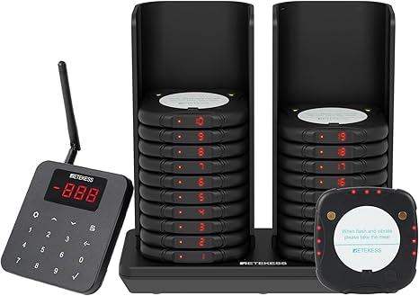 Retekess TD186 Restaurant Pager System, 600M Restaurant Buzzer,20 Pagers | for Food Truck, Hotel, Bar, Anti‑Dumping Design,3 Volume Levels, Connects to Compute, Large 300mA Battery