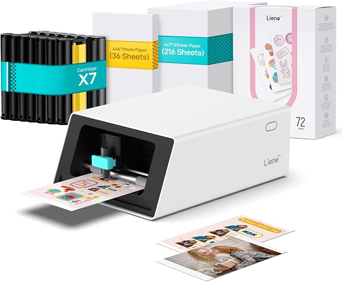 Liene PixCut S1 Inspire Plus Pack - All-in-One Color Label Printer & Cutting Machine, Thermal Dye-Sublimation Photo Printer, 300 DPI, Color Sticker Maker with 180 Sheets (36 Photo + 216 Sticker Paper)
