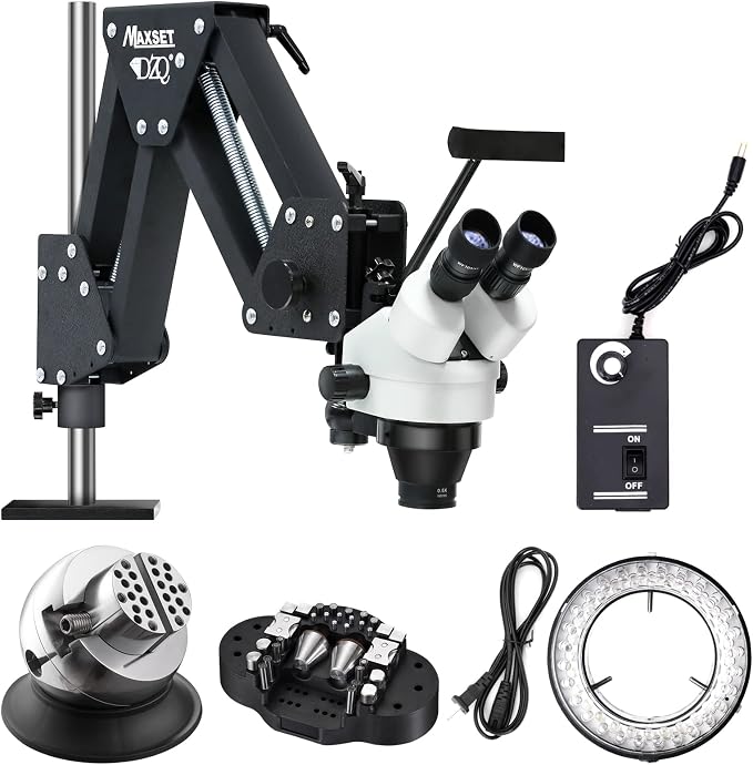 DZQ Jewelers Microscope with Ball Vise 7X-45X Micro Inlaid Mirror | 360°Rotation Spring Bracket, 60 LED Ring Light Illuminator, Jewelry Microscope for Diamond Making