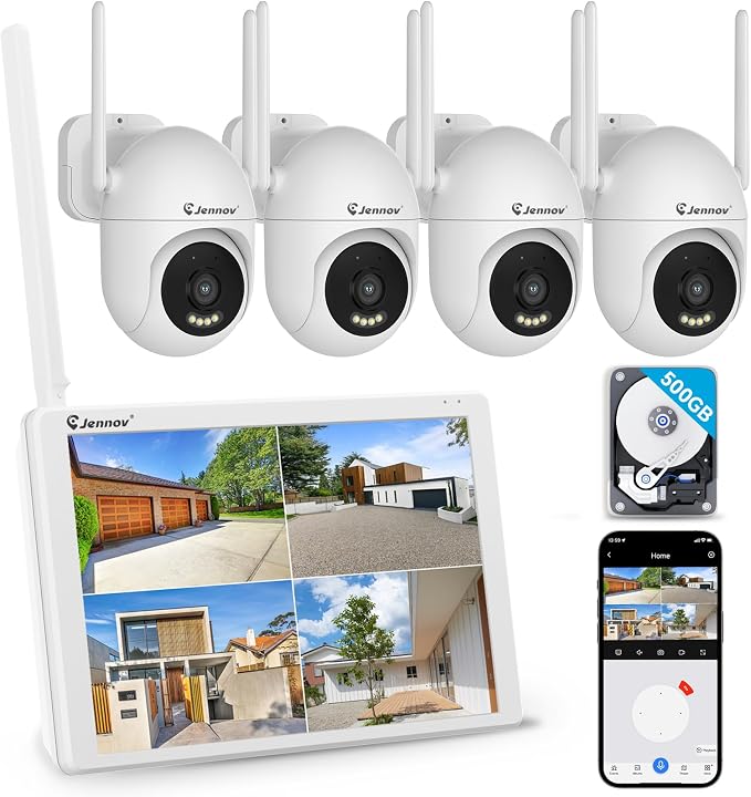 Jennov 5MP WiFi Security Camera System with Monitor, 4 Plug-in Cameras | 10CH NVR with 500GB HDD, No Subscription Recording, Color Night Vision, Wireless Video Signal, Motion Alerts, IP66 Outdoor