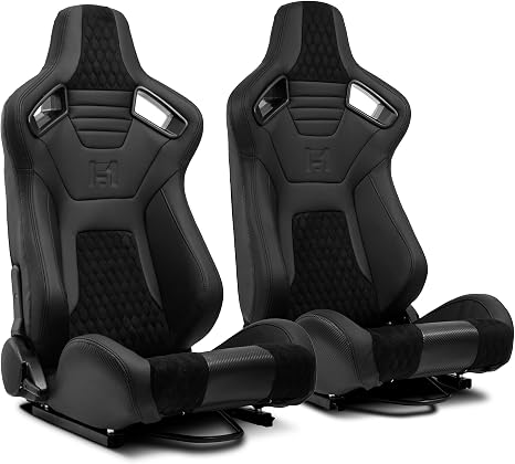 Pair of All Black PVC w/Suede Snake Pattern & Rear Carbon Fiber Style leather Reclinable Racing Seats W/Silders