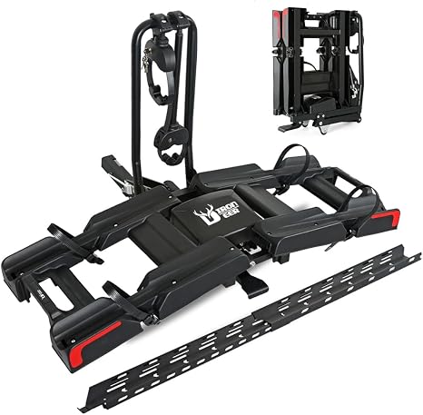 Eco Pro Upgraded 200lbs EBike Rack with Ramp for 2 E-Bikes, Hitch EBike Rack for Cars SUVs Trucks, Foldable Tilting Bike Rack Platform for Tow Hitch 2" Receiver, E-Bike Carrier Fits up to 5" Fat Tire