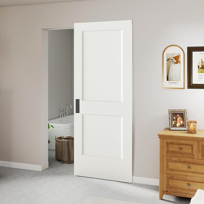 BarnSmith 30"x84" Concealed Sliding Barn Door, 2 Panel White Primed Hidden Barn Door with Soft Close Installation Hardware and Double Sided Pulls Included, Pre-Assembled Panel