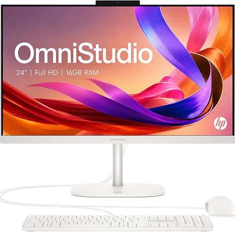 HP OmniStudio 24" Full HD All-in-OneDesktop Computer, 16GB DDR5 RAM, Intel Quad-Cores, 128GB SSD, WiFi6, Keyboard & Mouse, Windows 11