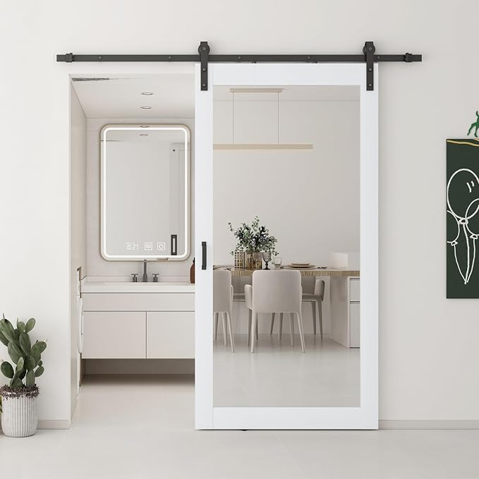 JUBEST 42x84 in Mirror Barn Door and 7FT Sliding Door Hardware Kit Included, White Full Length Mirror, Solid Wood Panel Covered with Water-Proof PVC Surface, No Assembly Required