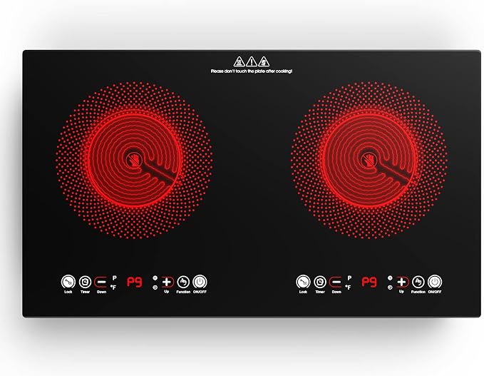 VBGK Electric cooktop,110V 24 inch 2 Burner Electric Cooktop,Built-in and Countertop Stove Top,3000W Stove,9 Power Levels, Kids Lock & Timer,LED touch control,Overheat Protection
