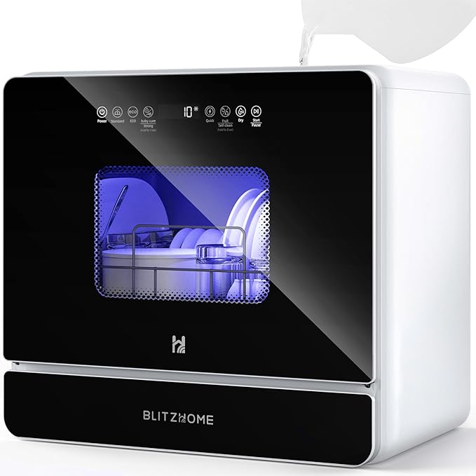 Countertop Portable Mini Dishwasher, 9 Programs,167℉ High-Temp, Hot Air Drying, Air Refresh, 360° 3 Spray, 24H Timing, LED Light, 5.2L Built-in Water Tank for Apartments RVs