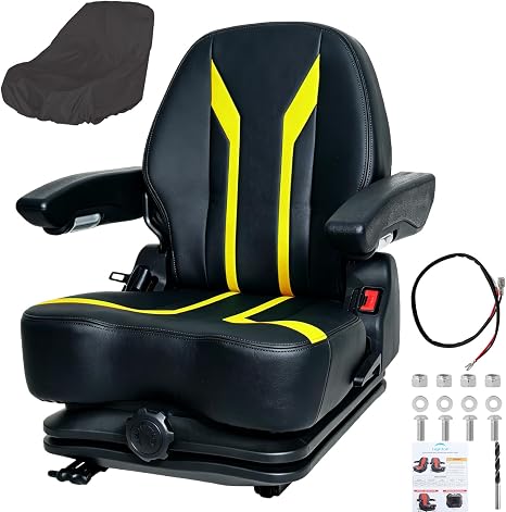 hightall Lawn Mower Seat with Cover,Spring-Dampers Heavy Duty Tractor Suspension Seat for Zero Turn Mower Tractor Excavator Harvester Forklift,Adjustable Slide Rails/Armrest,Seatbelt (Black/Yellow)