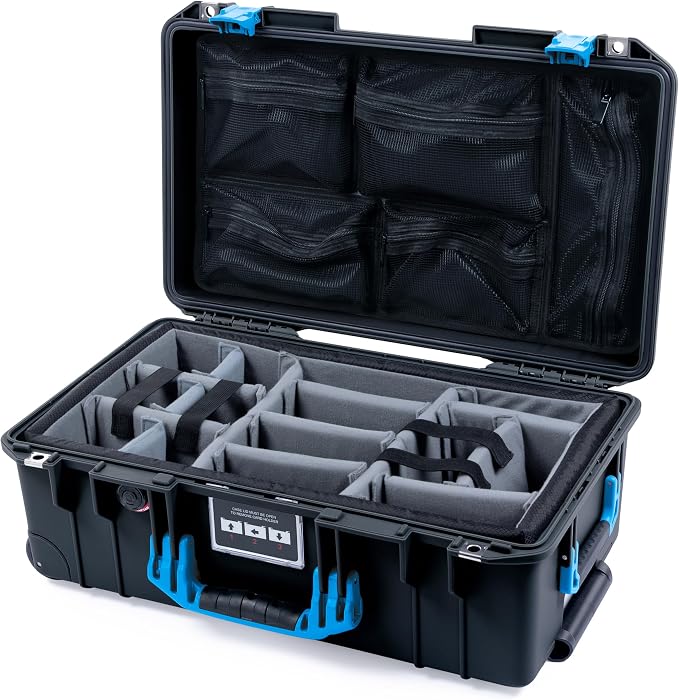 Black Pelican Air 1535 Carry-on Case - With Grey Padded Dividers & Mesh Lid Organizer - Blue Handles & Latches.