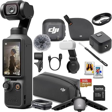 DJI Osmo Pocket 4 Creator Combo, Vlogging Cameras, 4K/240fps Vlog Camera, 3-Axis Stabilization, Active Track 7.0, Mic + Fill Light Included + 128GB Memory, + More (Renewed)