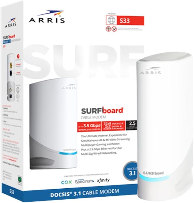 ARRIS SURFboard S33 DOCSIS 3.1 Multi‑Gig Cable Modem | 2.5Gbps + 1Gbps Ethernet Ports | Works with Xfinity, Cox, Spectrum | For Cable Internet Plans up to 2.5Gbps | Modem Only, Router Required