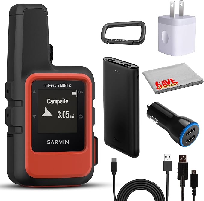 Garmin inReach Mini 2 Satellite Communicator (Flame Red) Bundle | For Off-Grid Messaging, SOS & Location Sharing | Lightweight Compact Rugged Design | Portable GPS Handheld For Hiking + More