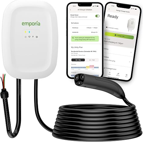 EMPORIA Level 2 EV Charger w/NACS, Compatible with Tesla - 48 amp Electric Car Charger, Preconfigured for Hardwired Install with Whip, UL/Energy Star WiFi-Enabled EVSE, 24ft Cable, White
