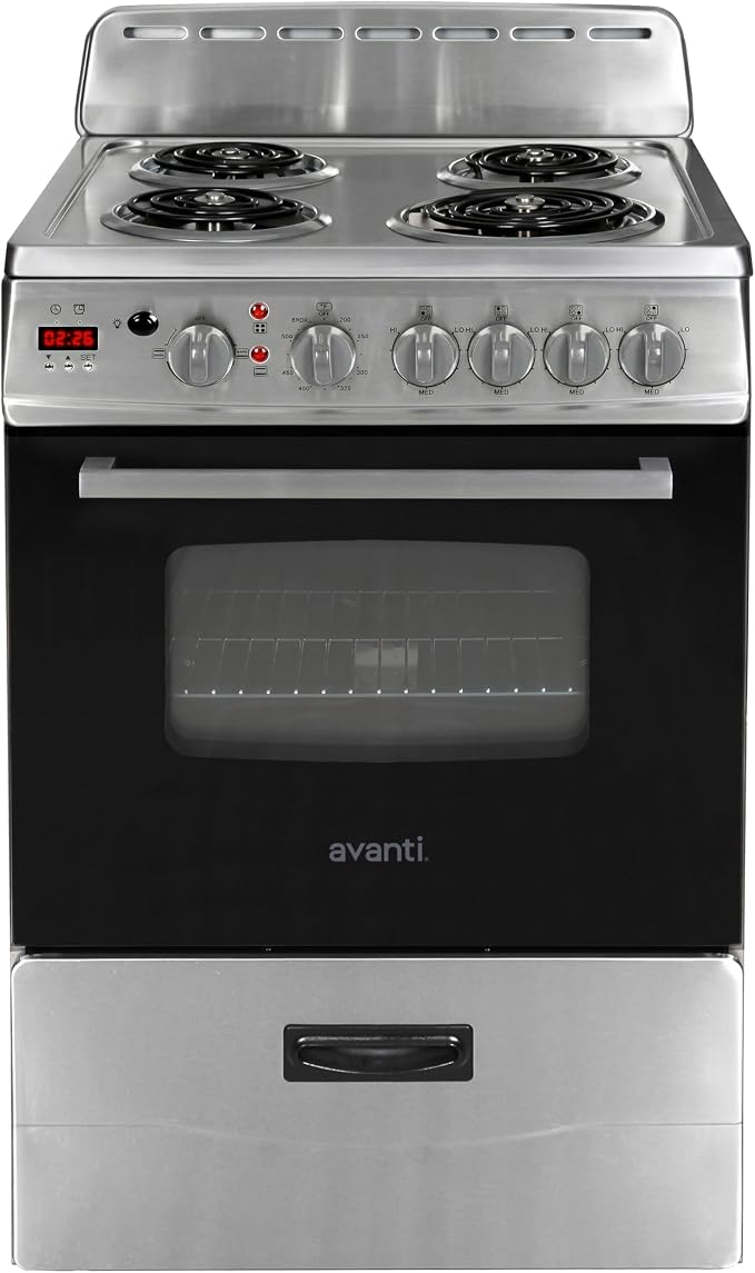Avanti Compact Series Electric Range Oven with Framed Glass Door, 4 Coil Burners for Flexible Cooking, Pull-Out Storage Drawer, 2.6 Cu.Ft., in Stainless Steel