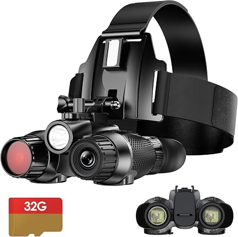 3D Head-Mounted Night Vision Goggles White Light Supplemental Lighting Infrared Night Vision Binoculars Stealth 850nm IR NVG Manual Focus & 8X Digital Zoom 10°FOV，TF Card Included