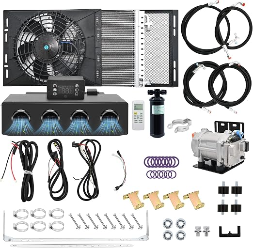 jiaji 12V 13700 BTU Under Dash Air Conditioner, 12 Volt Electric Air Conditioner for Car, Car Air Conditioner with 4 Vents and Evaporator Condenser Compressor for Car RV Van Truck ATV Pickup Tractor
