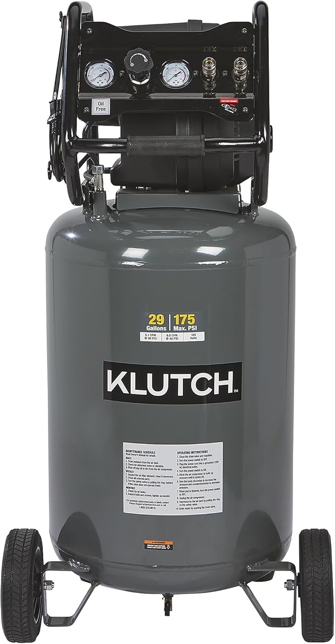 Klutch 29-Gallon Air Compressor, 2.5 HP, 120V, 175 PSI, 5.1 CFM at 90 PSI