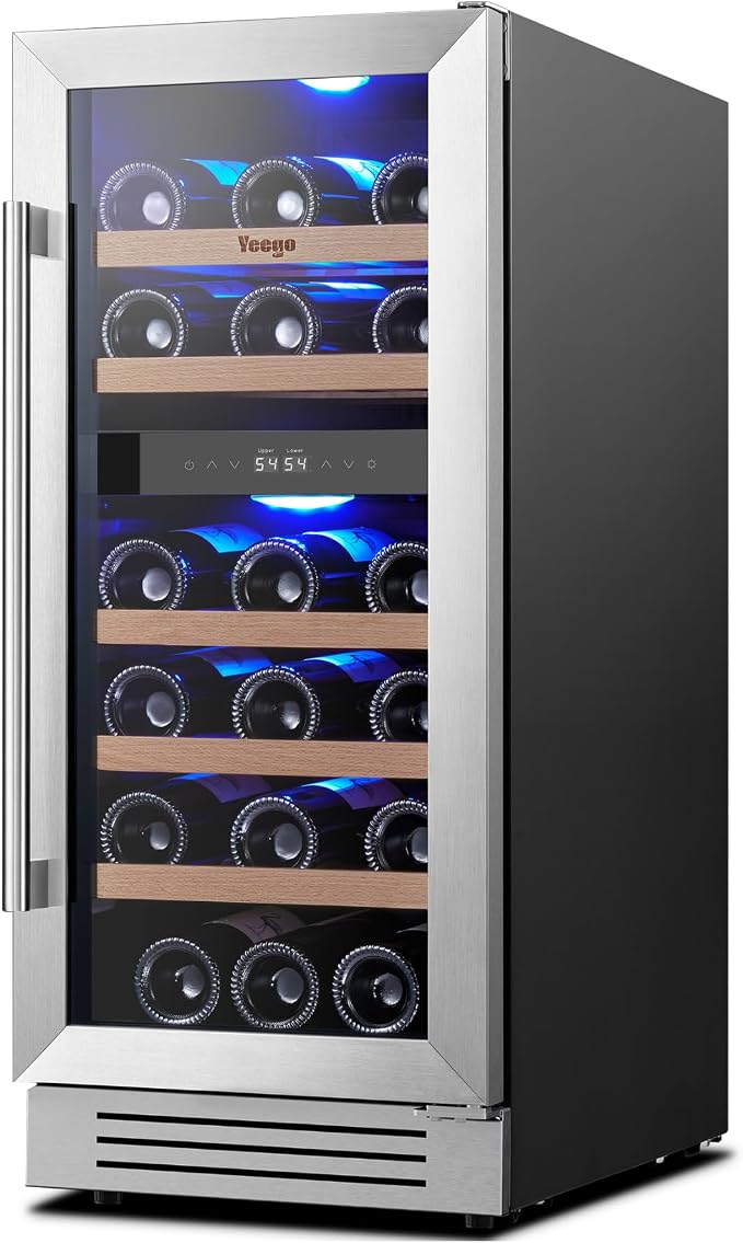 Yeego 15 Inch Wine Fridge, 28 Bottle Dual Zone Wine Cooler with Glass Door