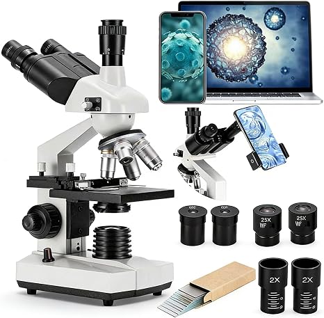 40X-5000X Trinocular Compound Microscope for Adults, Digital Lab Grade Biological USB Microscope with Dual Mechanical Stage, Slides, WF10X WF25X Eyepieces, Abbe Condenser, PC & Phone Link