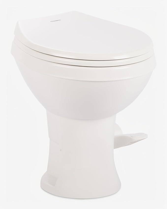 Dometic Model 400 Essential RV Toilet – Round Lightweight Plastic Bowl, Universal Fit & 2-Bolt Mount, 18" Chair Height Residential Style, Gravity Flush Toilet with Soft-Close Seat, White (9610008275)