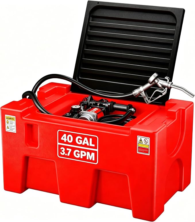 Portable Diesel & Gasoline Transfer Tank, 40 Gallon 3.7 GPM Flow Rate Fuel Tank with 12V Electric Transfer Pump, 13.1 ft Hose Diesel Transfer Tank for Easy Fuel Transportation, Red
