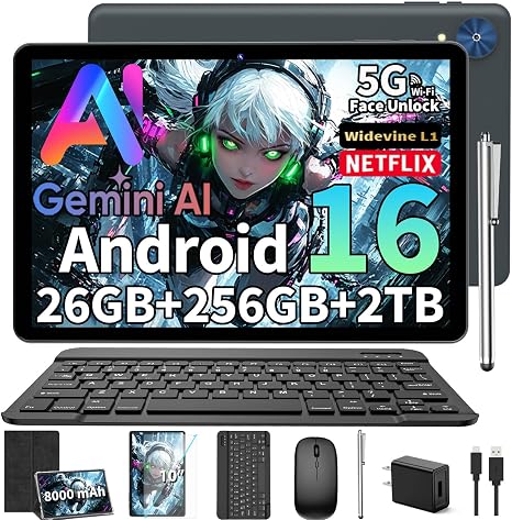 2026 Android 16 Tablet with Keyboard, Gemini AI 10 Inch Tablet, Black Case