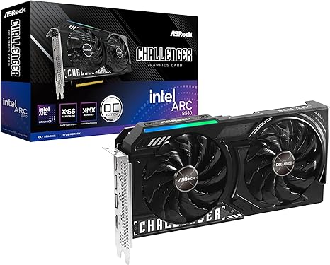 ASRock Intel Arc B580 Challenger 12GB OC Graphics Card, Xe2-HPG, 2740MHz GPU, 12GB GDDR6 192 Bits, PCIe 4.0, Dual Fans, 0dB Silent, DP 2.1, HDMI 2.1a