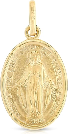 14K Solid Yellow Gold Virgin Mary Miraculous Medal Pendant – Classic Catholic Religious Charm Jewelry for Men & Women