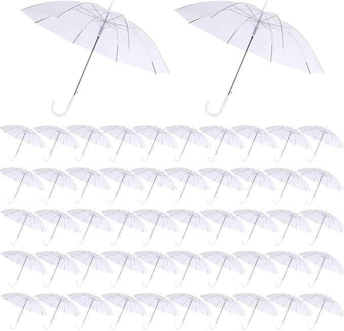 50 Pcs Wedding Clear Umbrella Bulk for Rain, Large Windproof Stick Umbrellas with White J-Hook Handle for Guests, Wedding Bride Groom Photography, Prom, Graduation, Golf, Parties, Transparent Umbrella