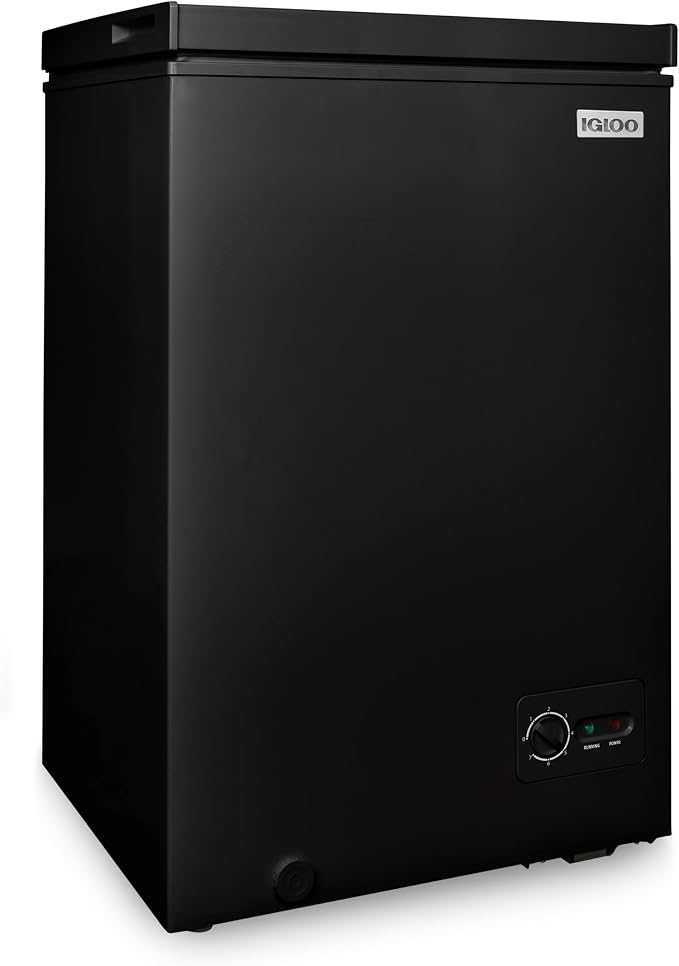 Igloo 3.5 Cu Ft. Upright Deep Freezer Chest- Deep Freezer with Quick Freezing System & Adjustable Thermostat- Low Noise Freezer with Removable Basket & LED Lights for Homes, Garages & Basements- Black