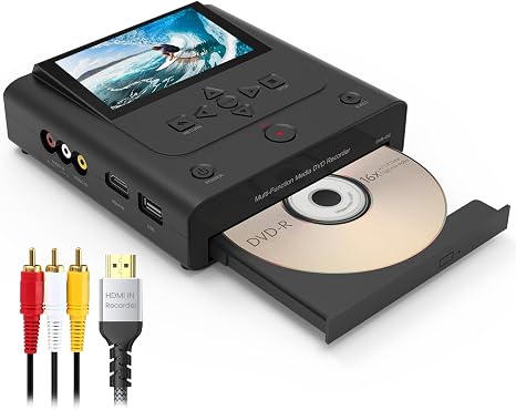 VHS to DVD Recorder, VCR to DVD Recorder-Convert Photos and Videos Between VHS,VCR,Memory Card，DVD and USB. Phone can use a Free app to Burn Videos and Photos, Also has TV Recording Function（Black）