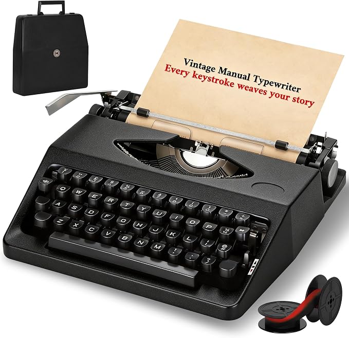 Vintage Manual Typewriter with Ribbon for Typing, Smooth Creative Writing | Black Metal Retro Old-Fashioned Mechanical Portable Typewriter, Ideal for Writers, Collectors and Retro Enthusiasts