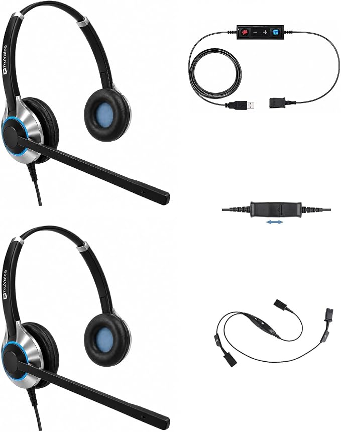 TruVoice Computer Dual Headset Bundle for Office Training | Monitoring | Supervising : Includes 2 x HD550 Headset with NC Microphone, Training Y Splitter + USB Cable Compatible with PC and Softphones