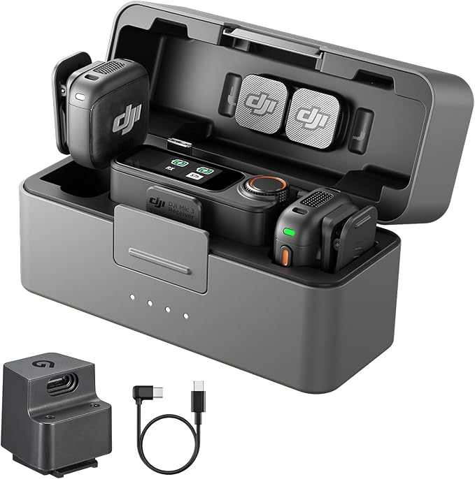 DJI Mic 3 (2TX+1RX+Charging Case), All in one Mic with Sony MI Hot Shoe | Wireless Mini Mic for iPhone/Camera/Android, Ultralight, Adaptive Gain Control, 28hrs Use, Vlog, Noise Cancelling