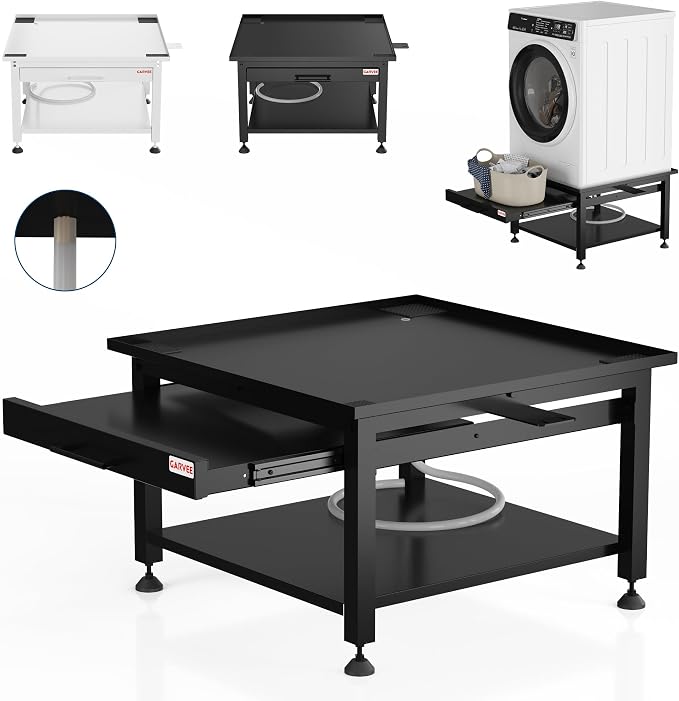 Garvee 27" Wide Washer and Dryer Pedestals with Pullout-Shelf, 16" Hight Laundry Pedestal with Adjustable Anti-Vibration Pads, Drain Pan and Hose, 1000 lbs Capacity, Black